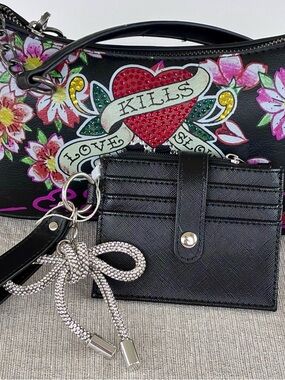 Ed Hardy black shoulder bag or crossbody skulls and pink mini wallet